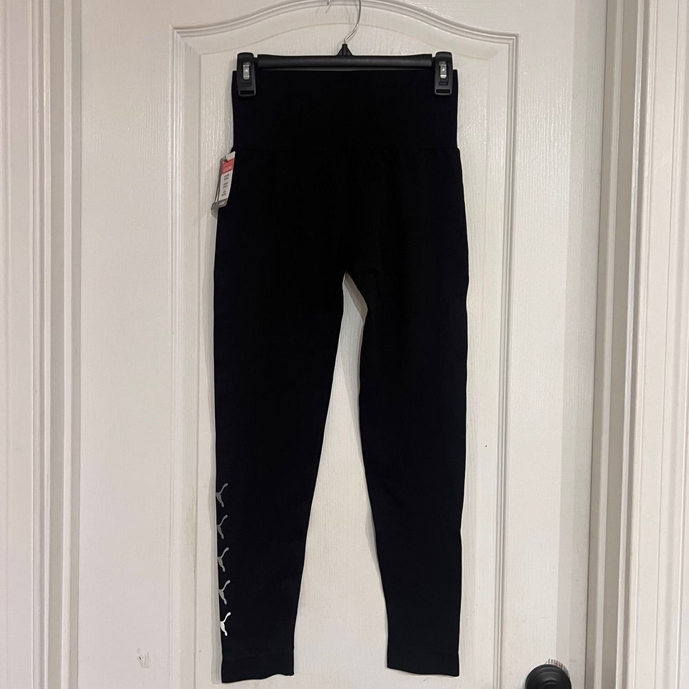 Puma Womens Black Seamless High Waisted Leggings Silver Logo Large T31301SS21-WL